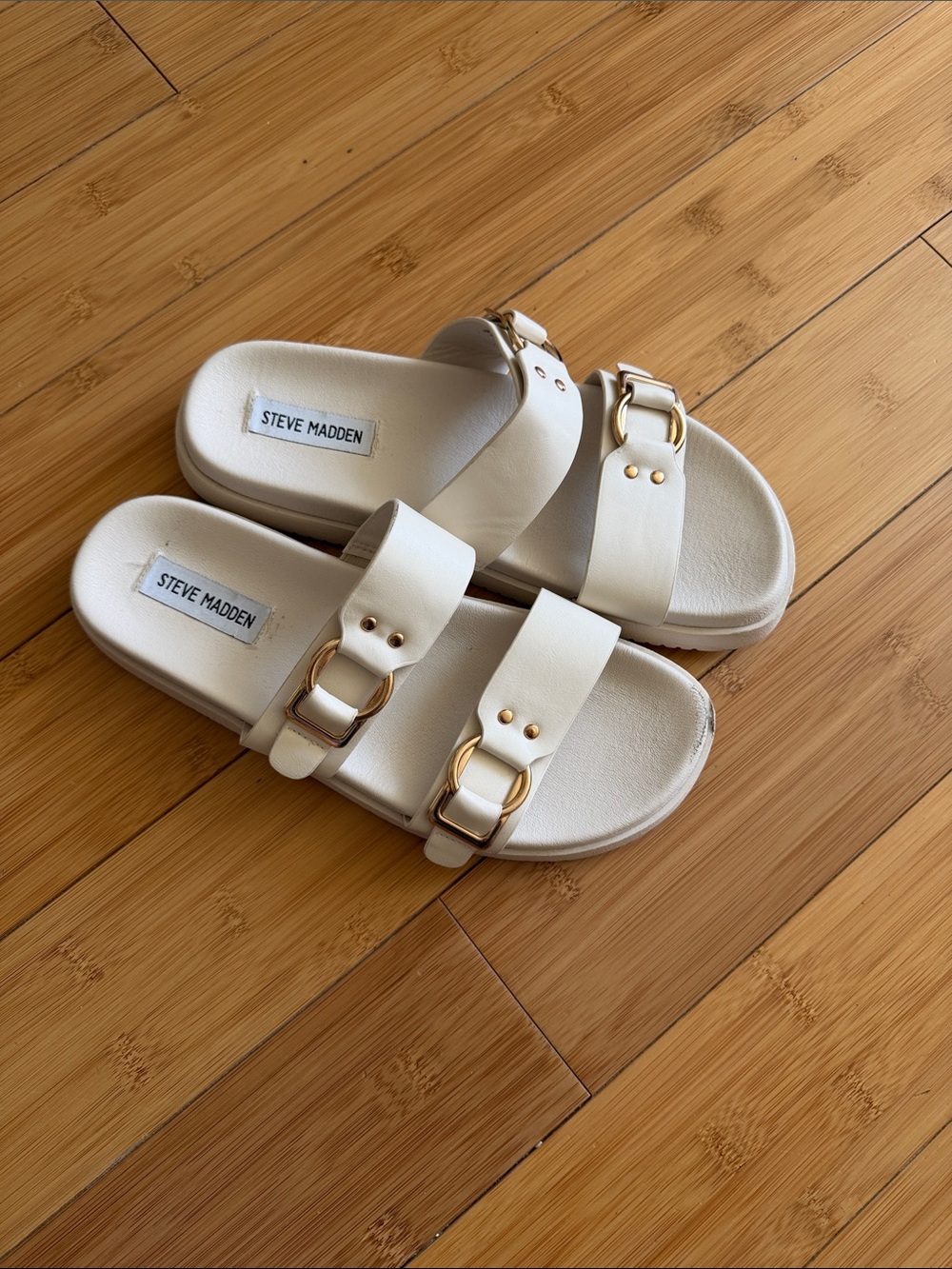 Steve Madden Ivory Slide Sandals with Gold Buckles - Picture 1 of 4